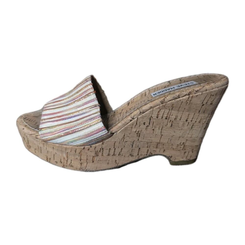 STEVE MADDEN MULTI COLORED FABRIC STRAP CORK WEDGE SURG SANDALS Size 8.5 M